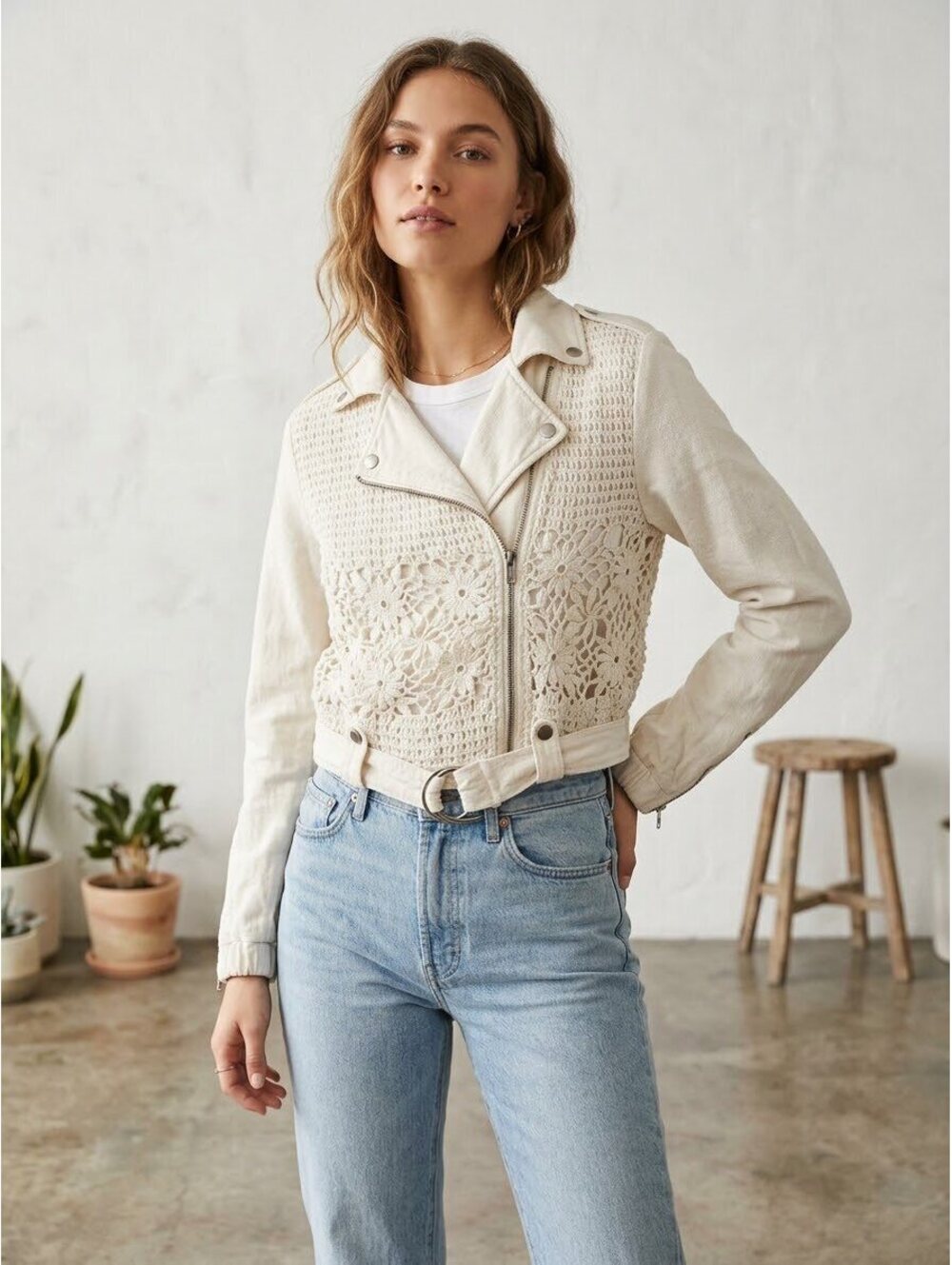 Anthropologie Ivory Crochet and Knit Moto Jacket with Belt XS